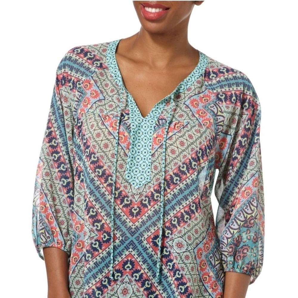 Anthropologie Fig and Flower Floral Boho Blouse Lace Back 3/4 Sleeve Large